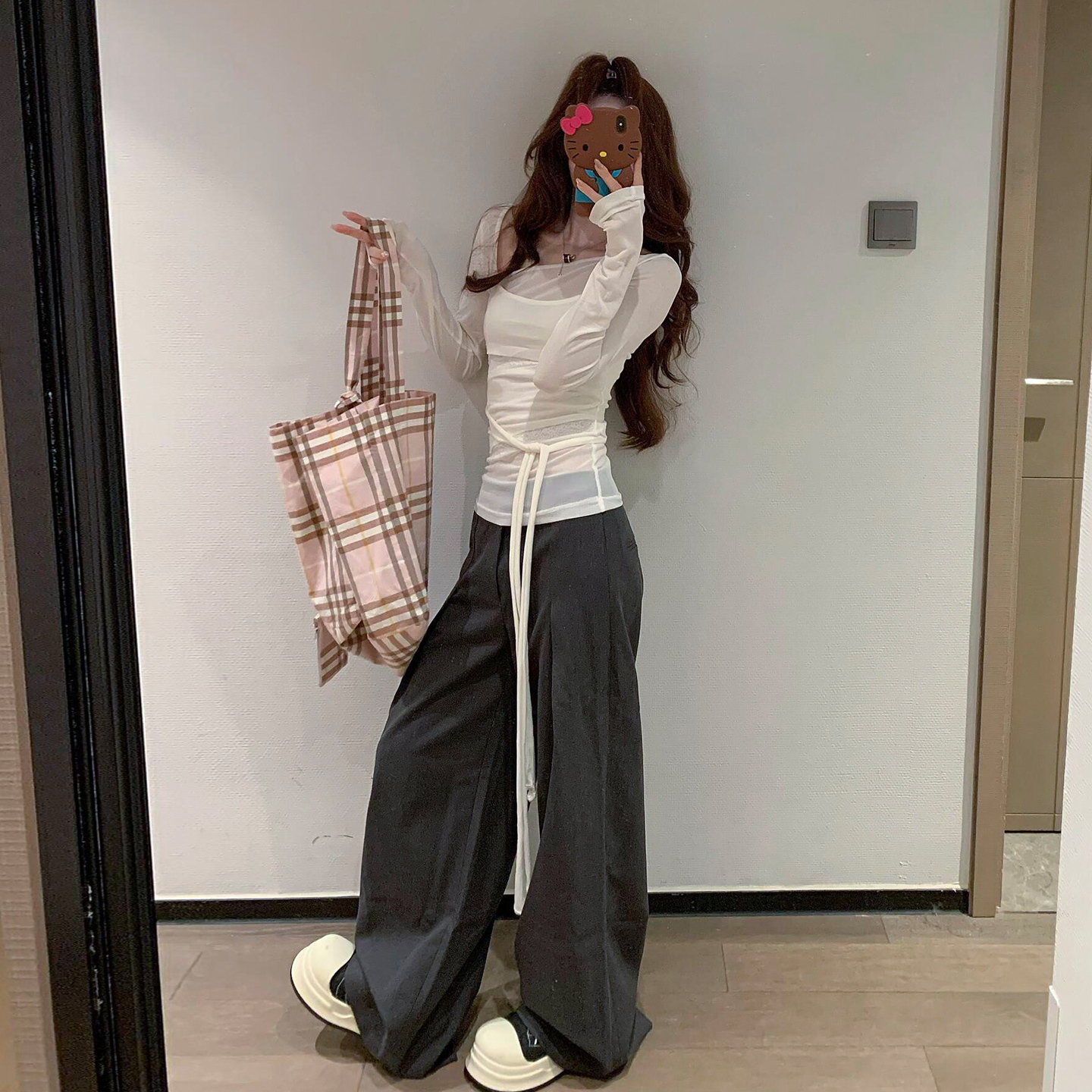 设计感绑带不规则长袖t恤女秋高级感修身显瘦内搭打底衫上衣7412