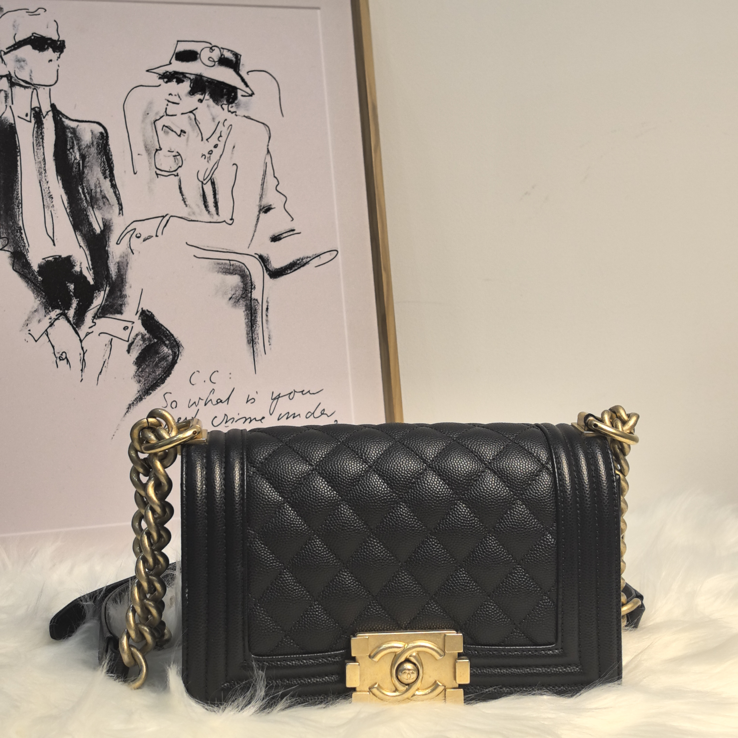 99新 Chanel/香奈儿 黑金牛leboy小号轻奢真皮菱格单肩链条包