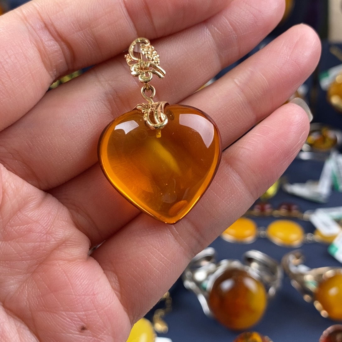 琥珀颈饰14K金镶嵌复古