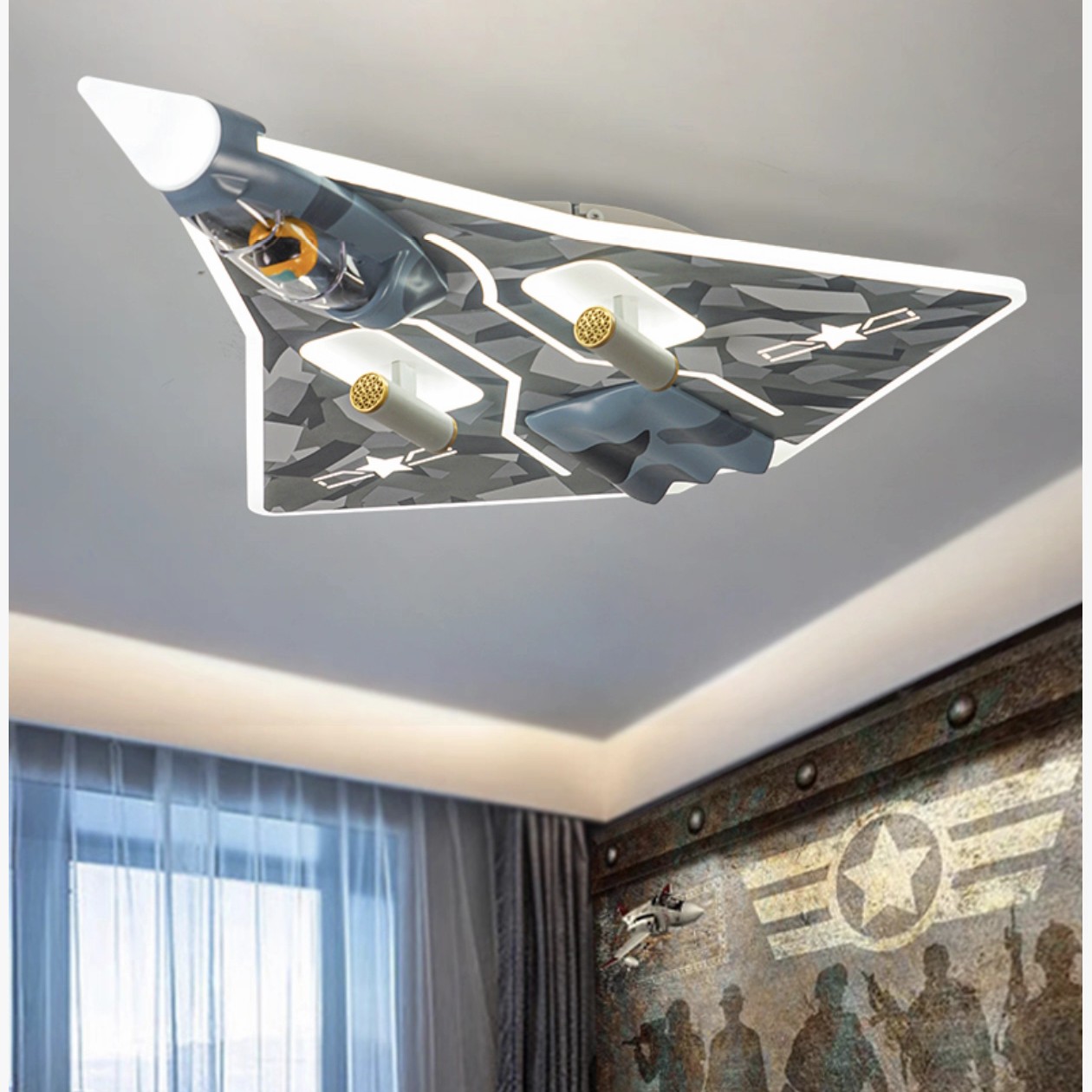 新款歼36轰炸机卧室男孩房光色可调吸顶灯轻奢北欧创意超薄简约