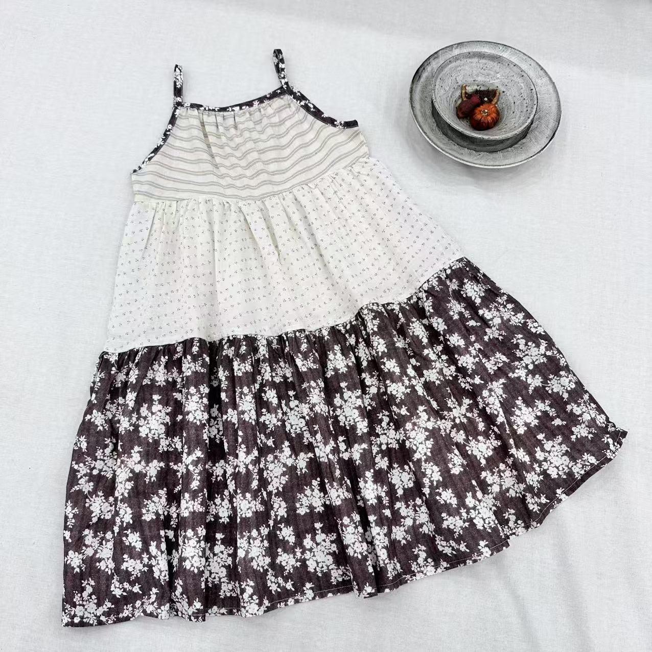 〖姐姐家〗2025夏款儿童萌娃穿搭吊带拼接碎花连衣裙bt208