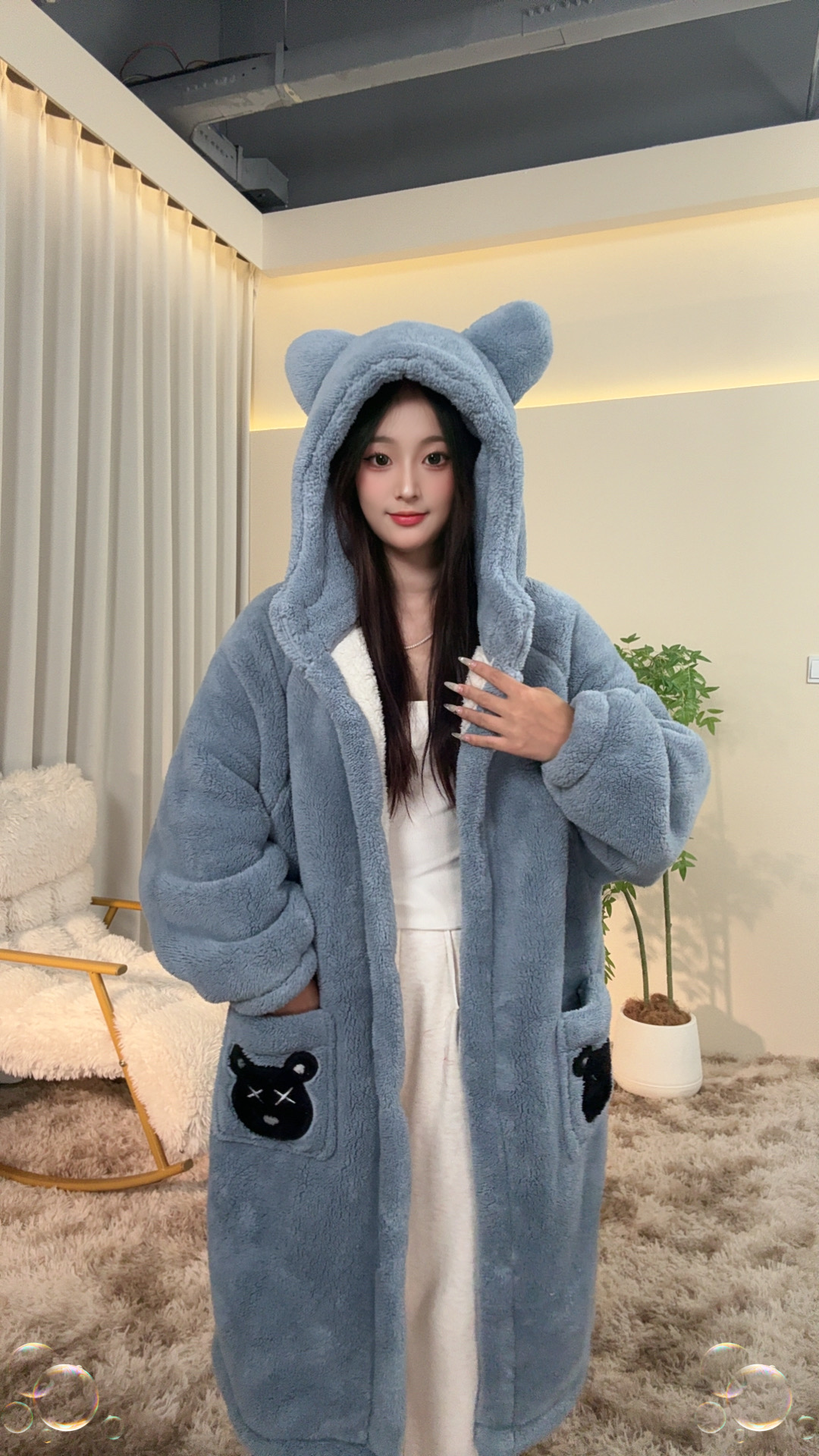 蕊蕊小熊双层加厚睡袍毛绒家居服连帽宽松中长款加绒保暖甜美卡通