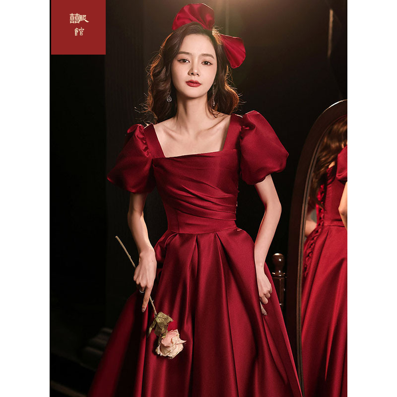 新娘2025春夏新款结婚订婚酒红色绸缎礼服复古高端公主风小个子适