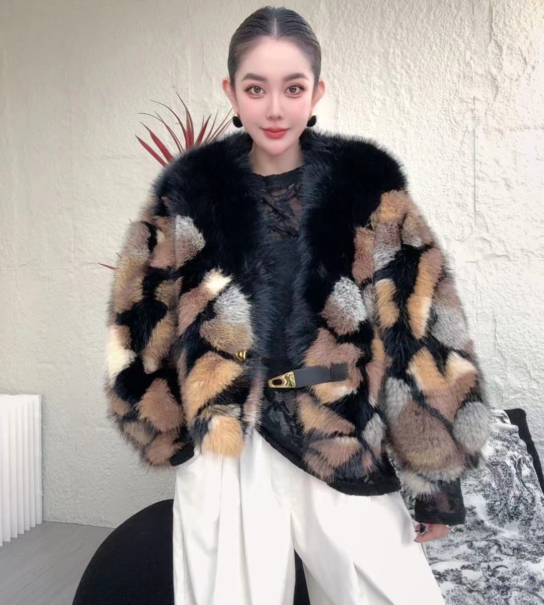 LEDS 2261冬季欧美风轻奢理石纹休闲大衣V领外套