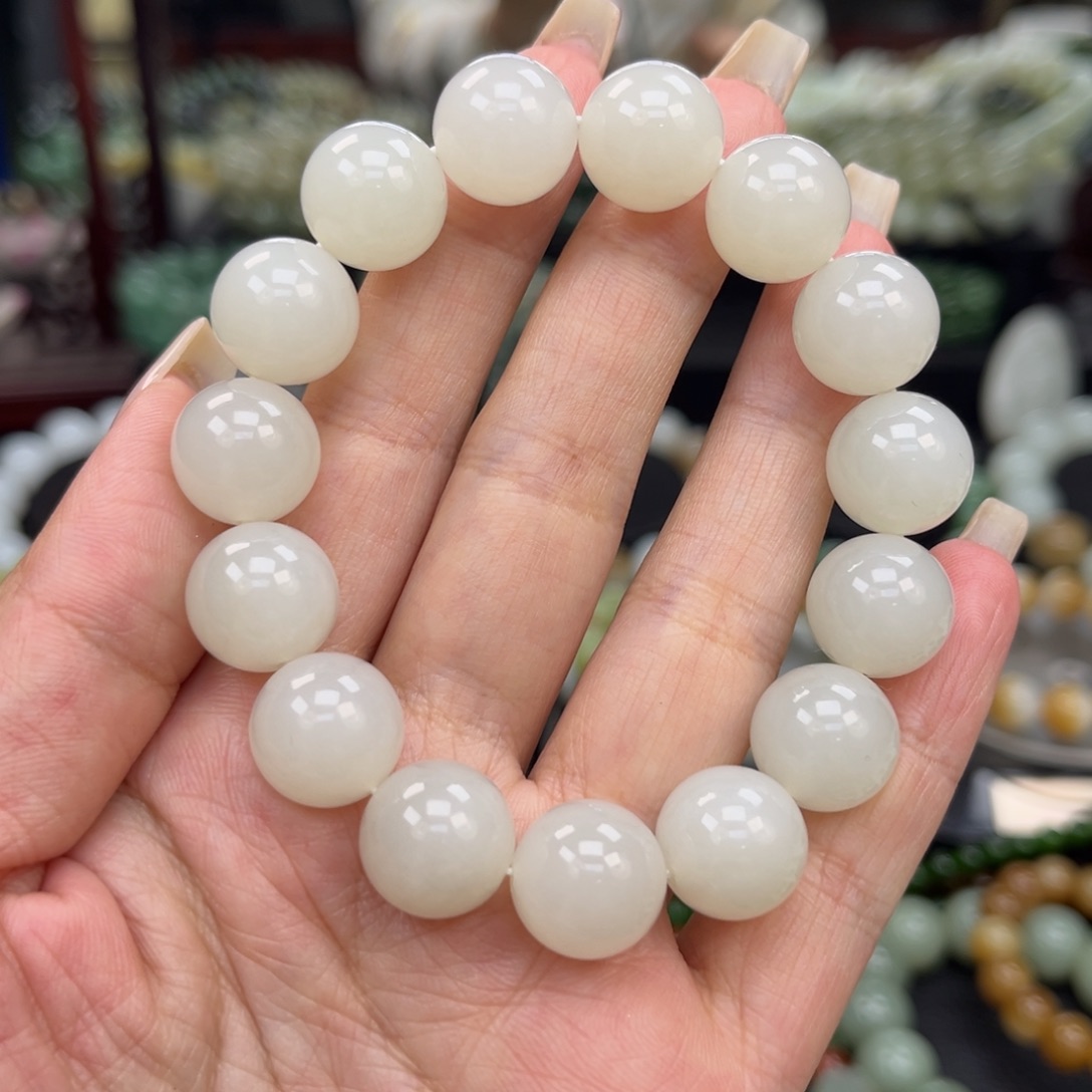和田玉手串未镶嵌和田玉青海冰白卡14