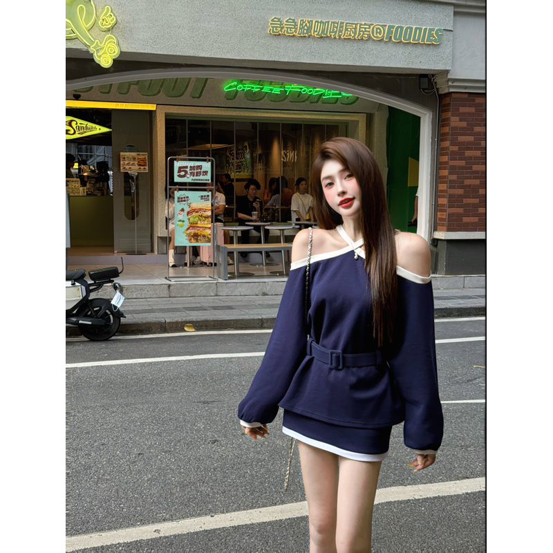 【十一家】原创【撞色轻奢】露肩吊带拼色长袖上衣+半身裙套装M86001