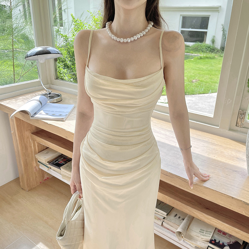 【运补6-8r】法式荡领网纱连衣裙女长裙2025爆款杏色百搭打底裙子