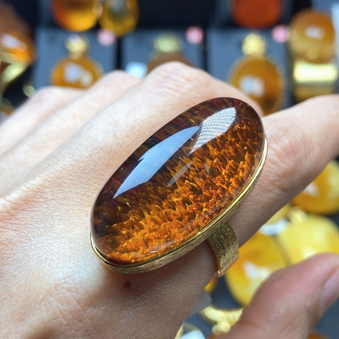 琥珀戒指银S925镀金镶嵌