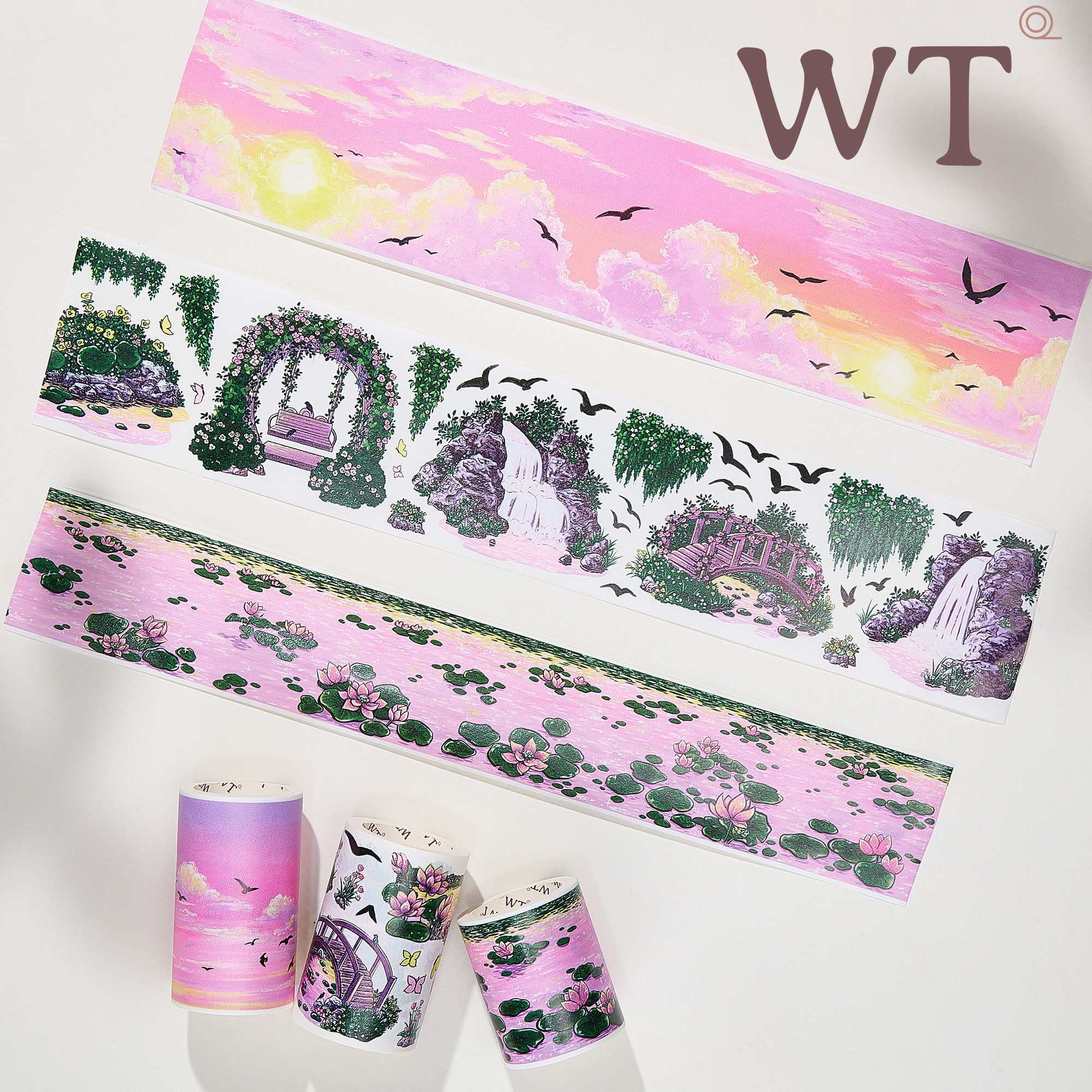 WT原创胶带 池景记 荷塘月色 绯色黄昏 荷花景色池塘黄昏造景胶带