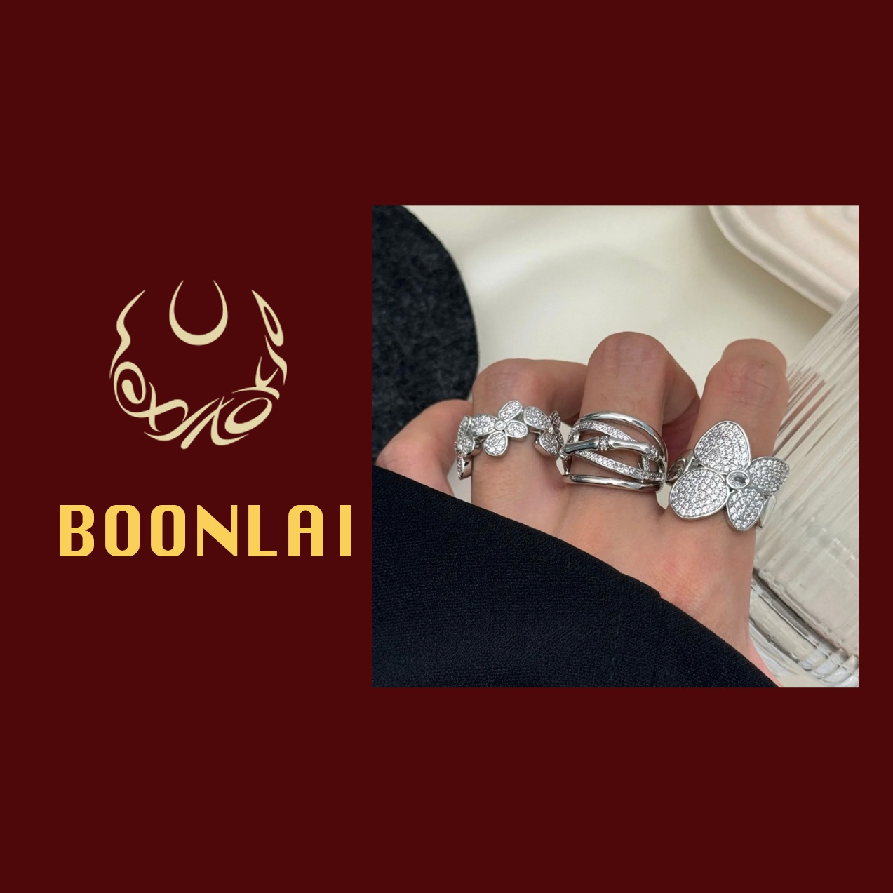 铜合金锆石戒指 Boonlai 轻奢满钻拼接蝴蝶戒指4172