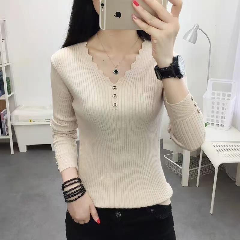 【清货】洋气纽扣V领针织衫女减龄针织打底羊毛衫女修身打底衫韩版