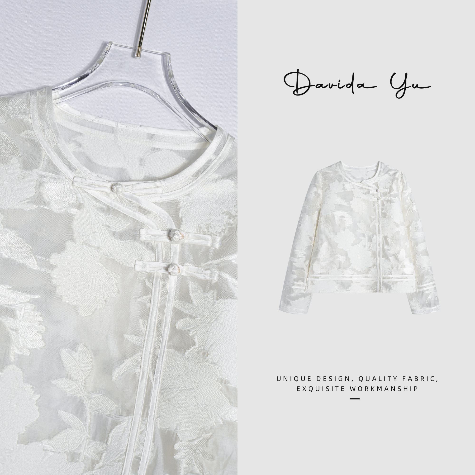 Davida Yu【福满】2025春夏新款剪花工艺时尚显瘦长袖百搭上衣W123
