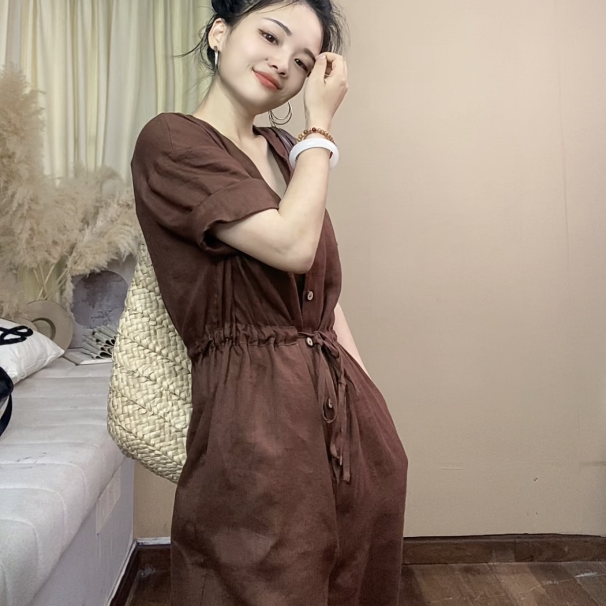 柚兮原创小众设计～橘棕色亚麻温柔气质休闲宽松小个子收腰连体裤
