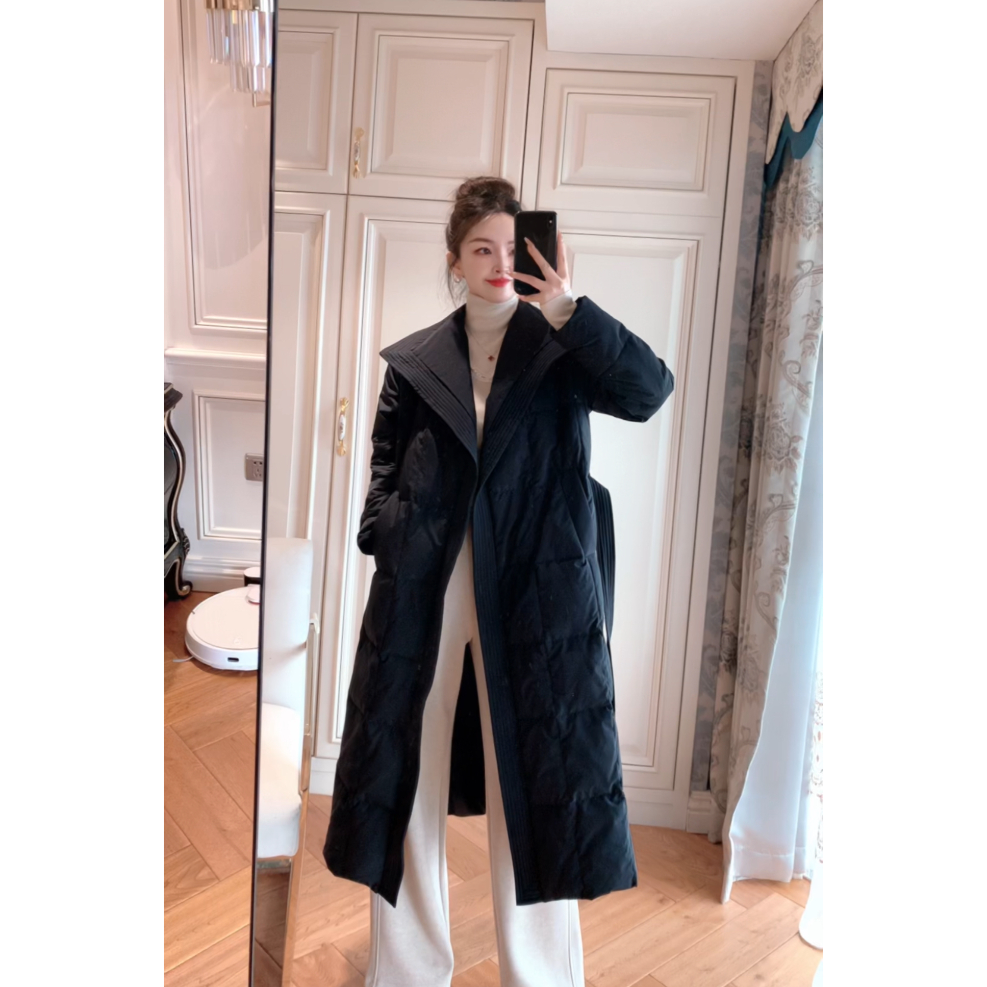 【ZHUJIE】气质收腰显瘦长款翻领羽绒服外套