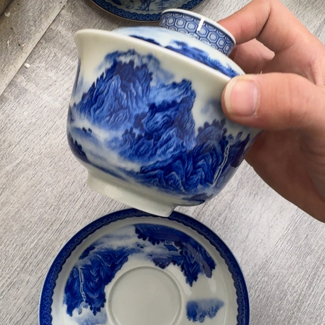 千里江山大高足元宝盖碗