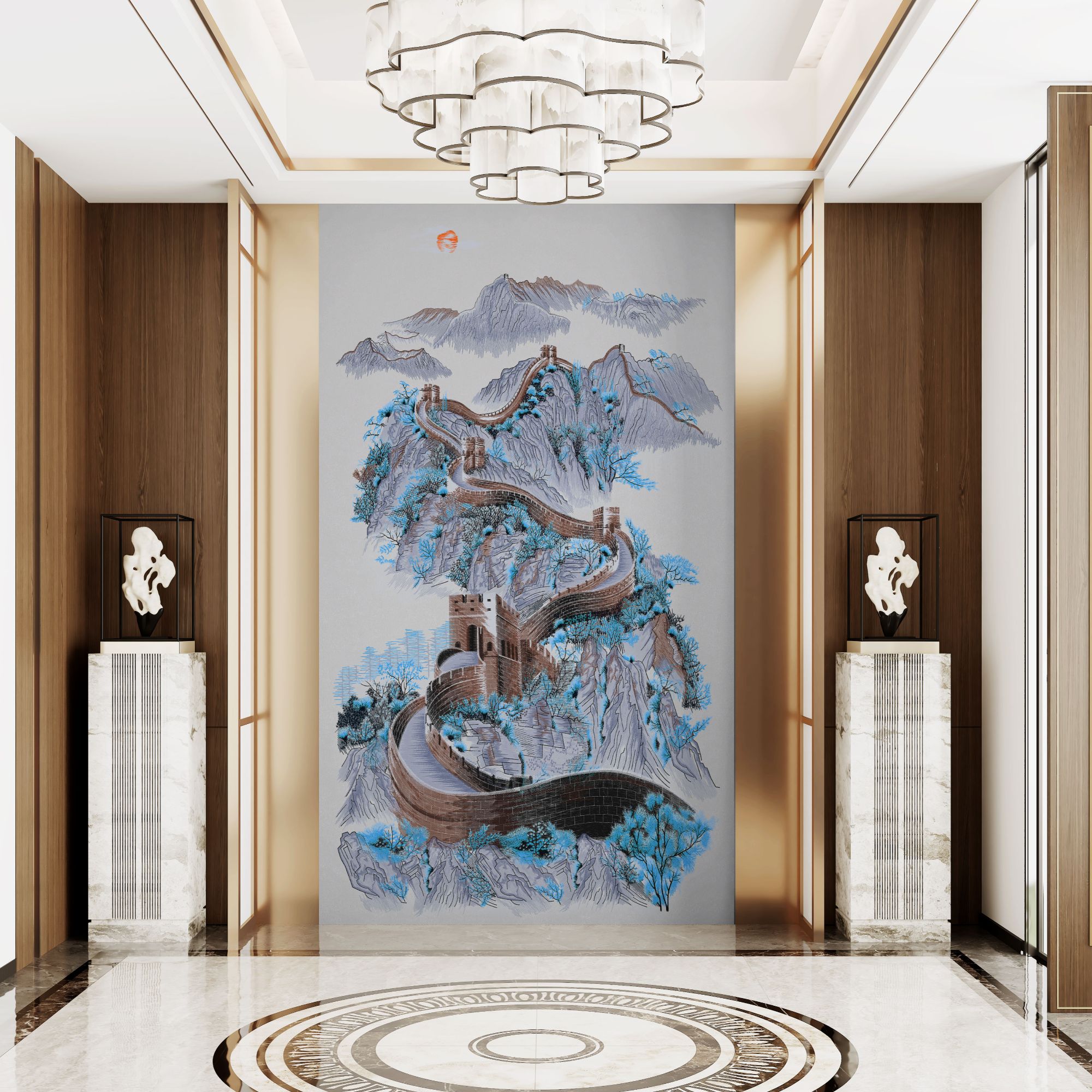 首绣.君临天下高端玄关刺绣背景墙沙发刺绣背景墙独秀刺绣背景墙