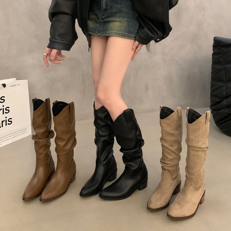 法式复古咖色堆堆靴西部牛仔靴秋冬高筒靴女靴子小个子卡其色长靴