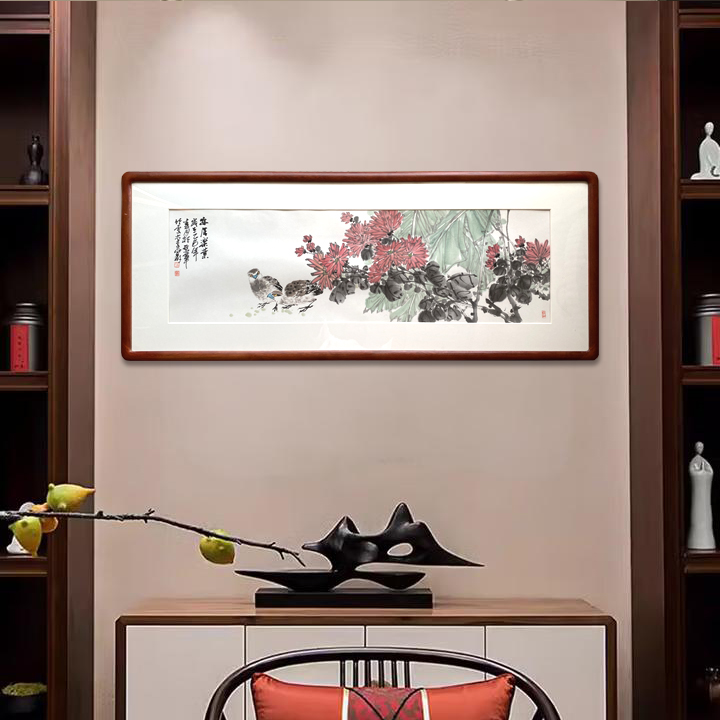 卢付磊新中式国画花鸟《安居乐业》客厅玄关书房装饰画123*48带框