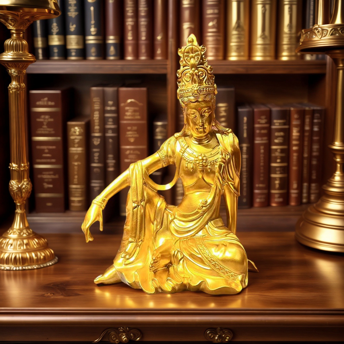 茶言观舍金色水月观自在摆件书房卧室客厅茶空间树脂摆件