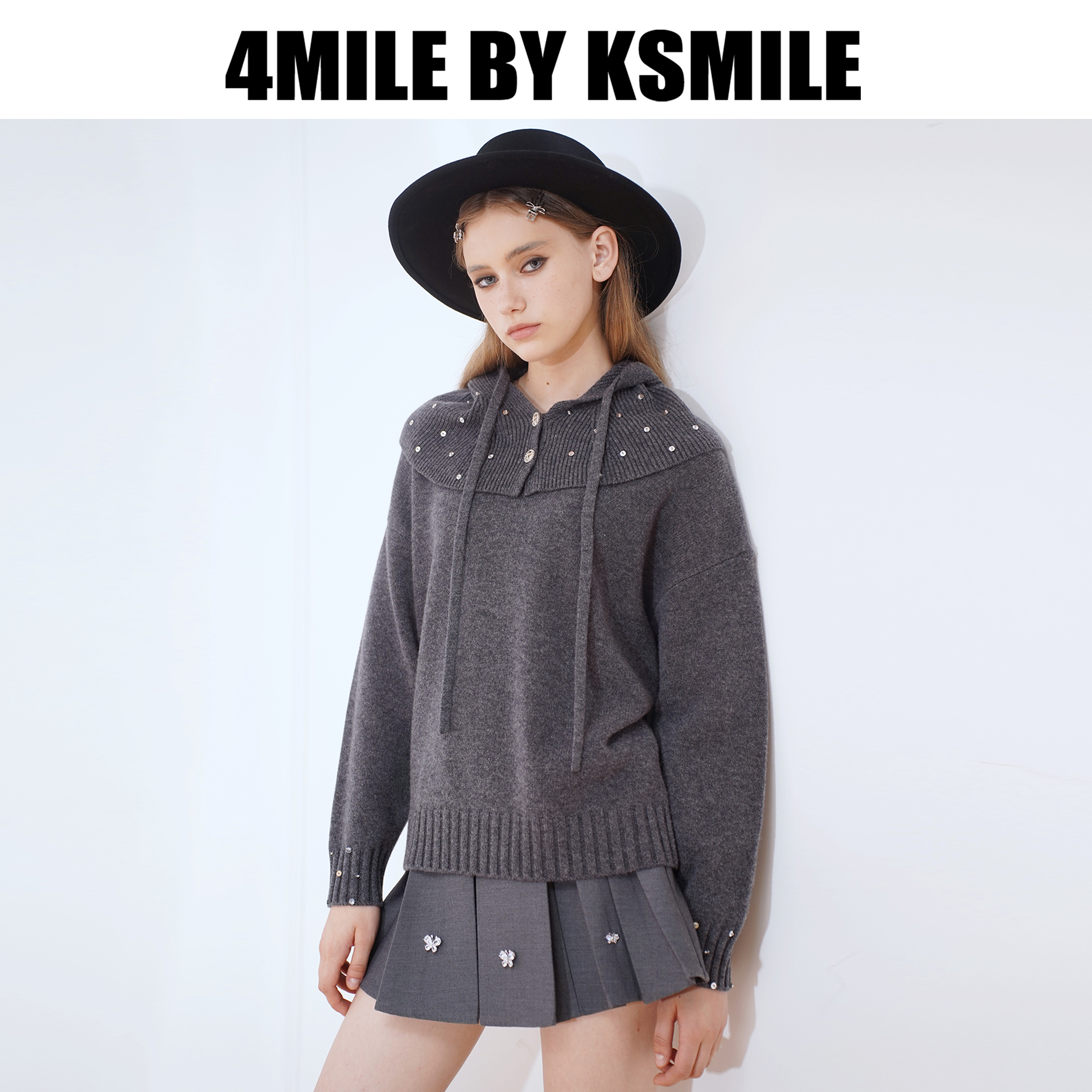 4MILE BY KSMILE | 彼得堡灰色绵羊毛连帽披肩两件套毛衫学院风  