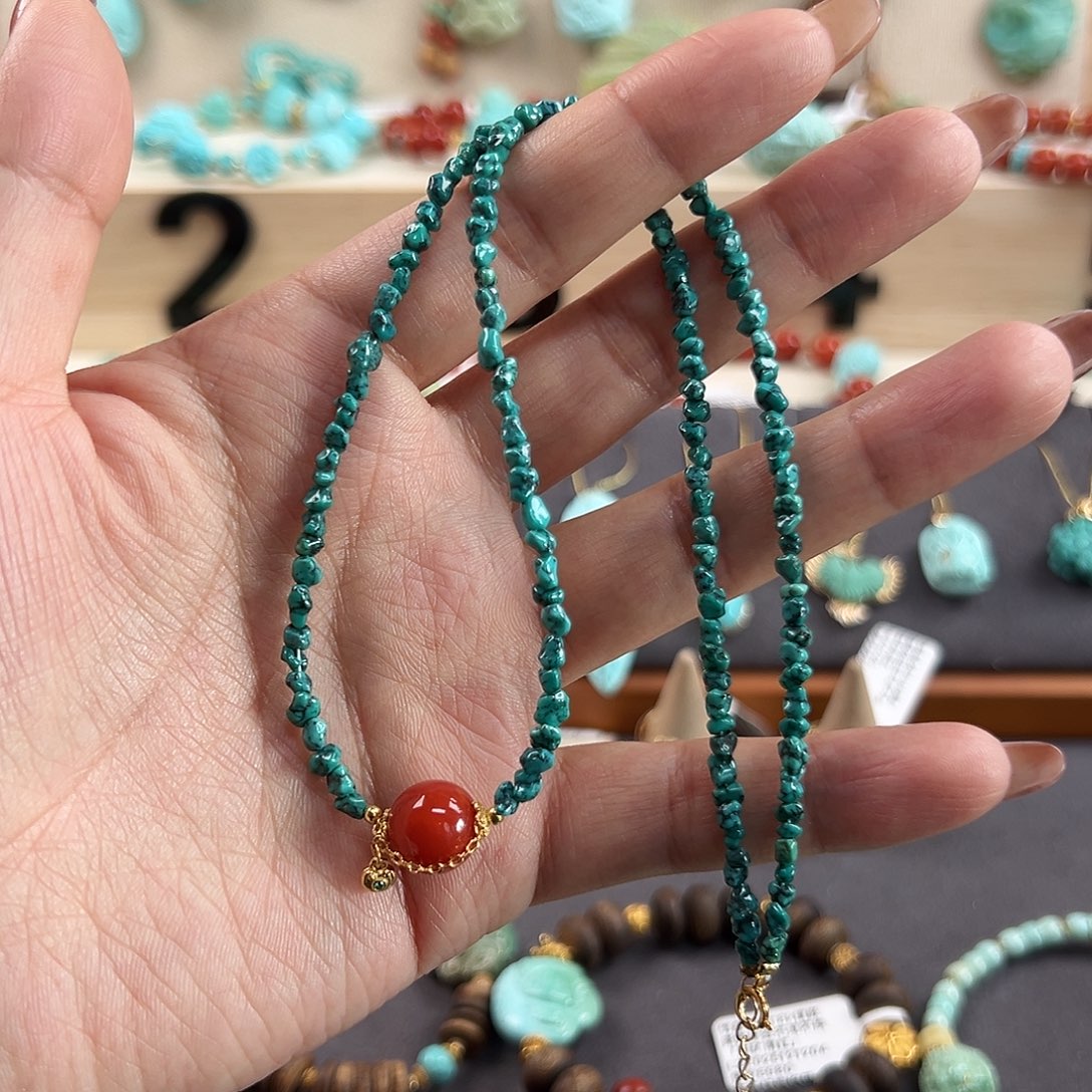 绿松石银S925镀金镶嵌颈饰水草纹随行珠锁骨链