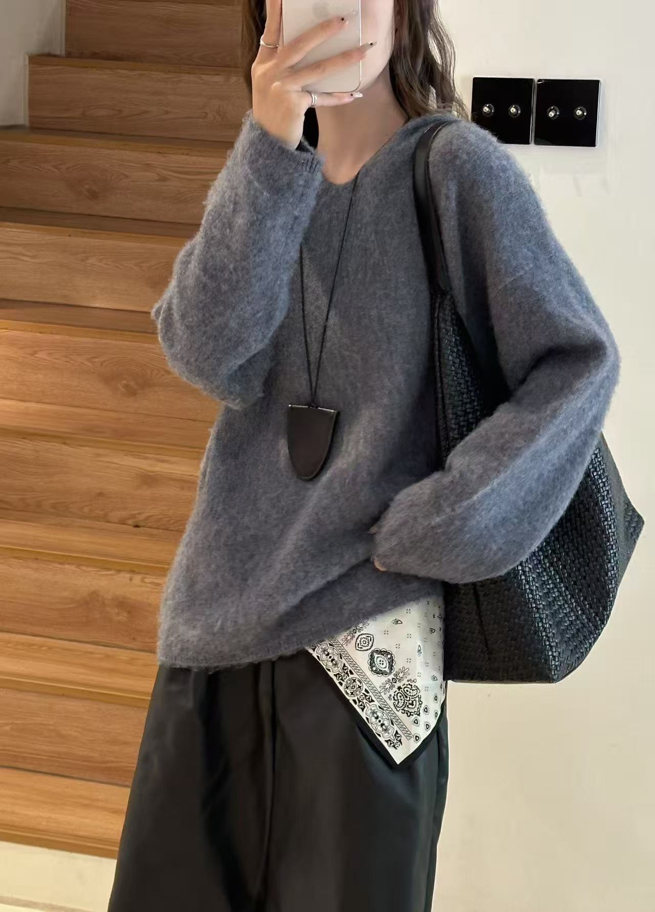 V领带帽羊毛拉绒宽松针织慵懒风百搭25760