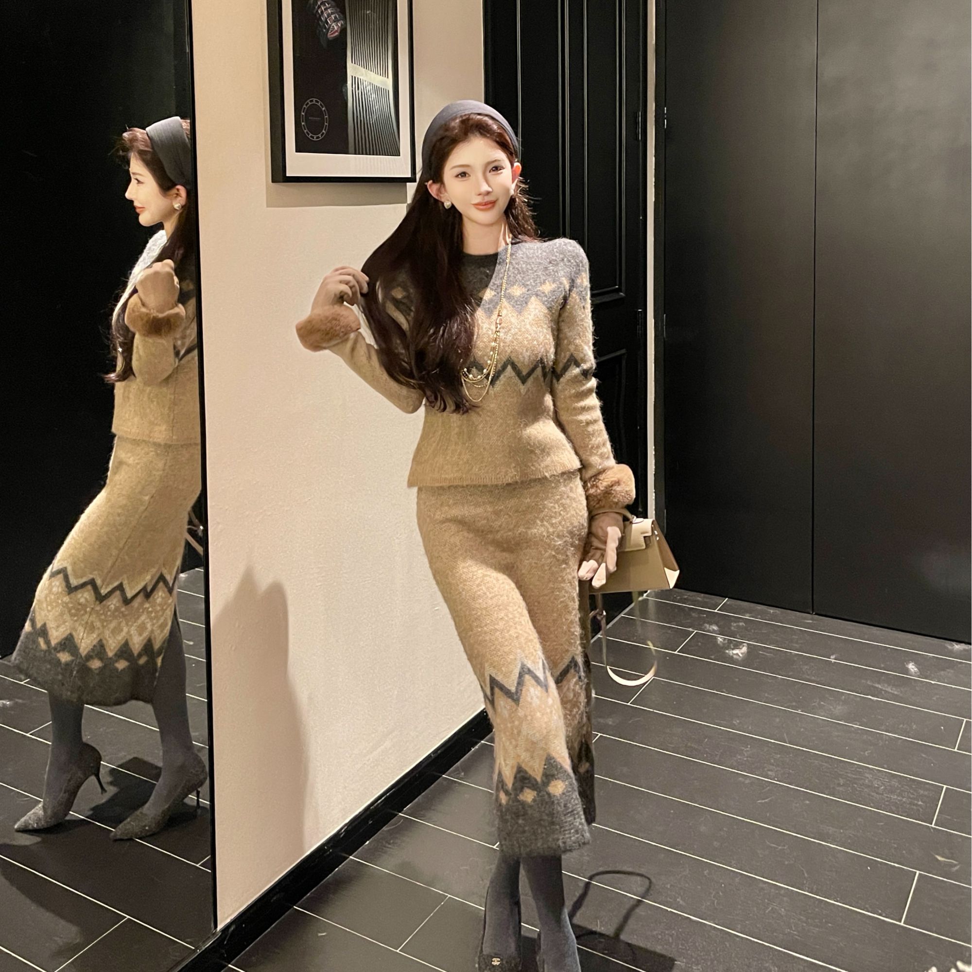 GUIDI GUDI【波纹荡漾】重工长袖波纹羊驼毛两件套套装/黄加蓝