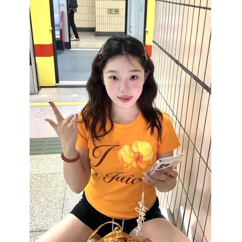 夏季新款百搭花卉花体字正肩短款收腰弹力修身短袖t恤女气质A3588