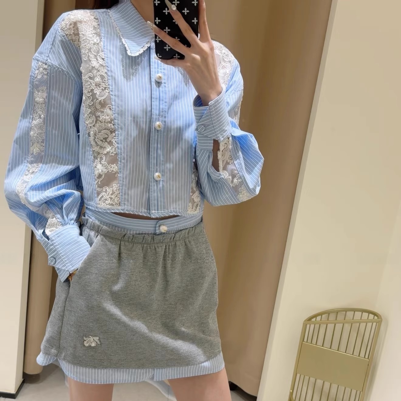 no退no换（韩系学姐）蕾丝刺绣拼接蓝白条纹短款衬衫25夏新款衬衣