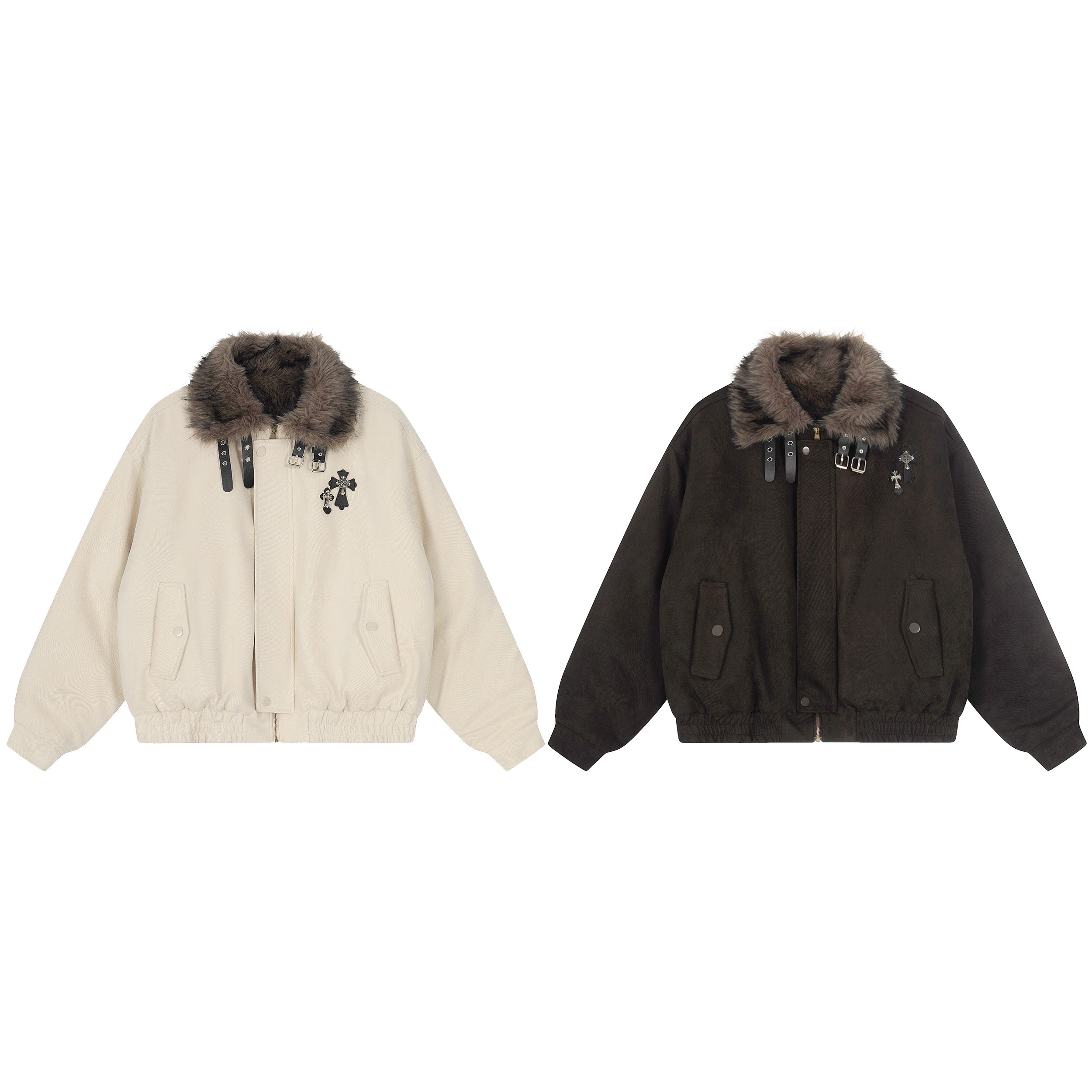 TOM潮 美式街头复古机车风毛领翻领夹克短外套夹棉百搭设计款2025