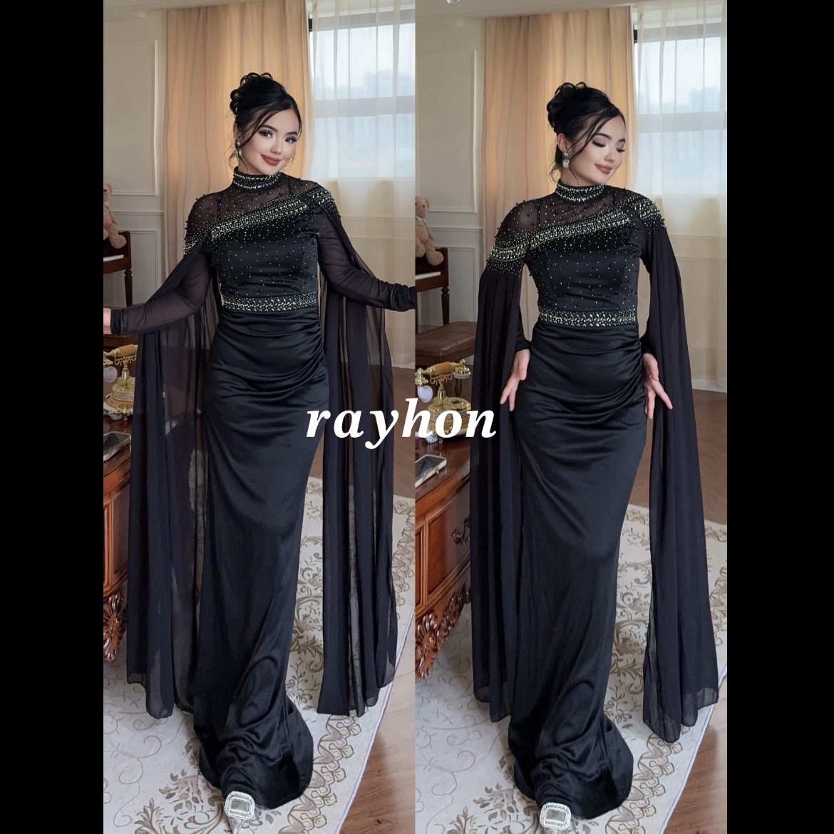 Rayhon复古鱼尾裙长袖轻奢性感显瘦公主裙撑基本款礼服ins