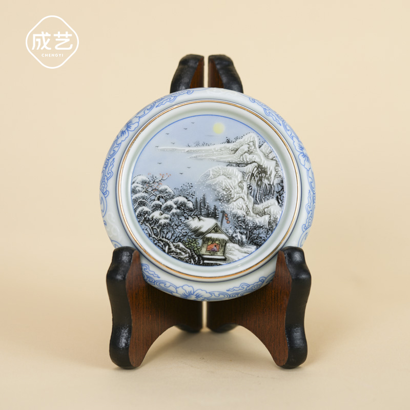 雪景粉彩陶瓷圆形盖置盖托杯垫功夫茶道用品瑞雪兆丰年家用