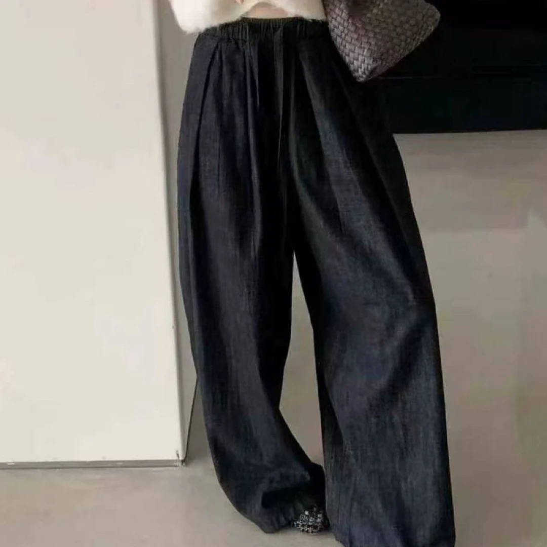 深蓝色高腰牛仔裤女薄款冰感凉凉裤港风复古直筒阔腿小个子