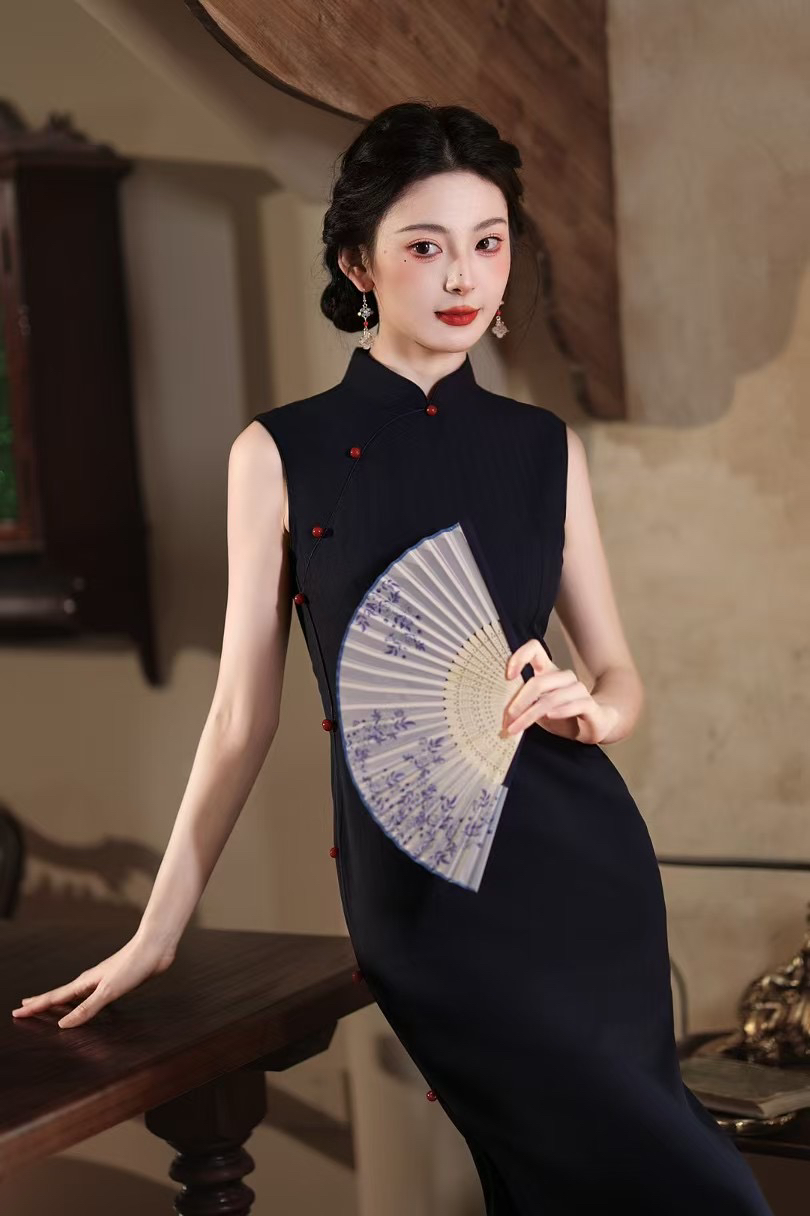 中国风文艺复古无袖日常旗袍优雅立领显瘦修身衣长120