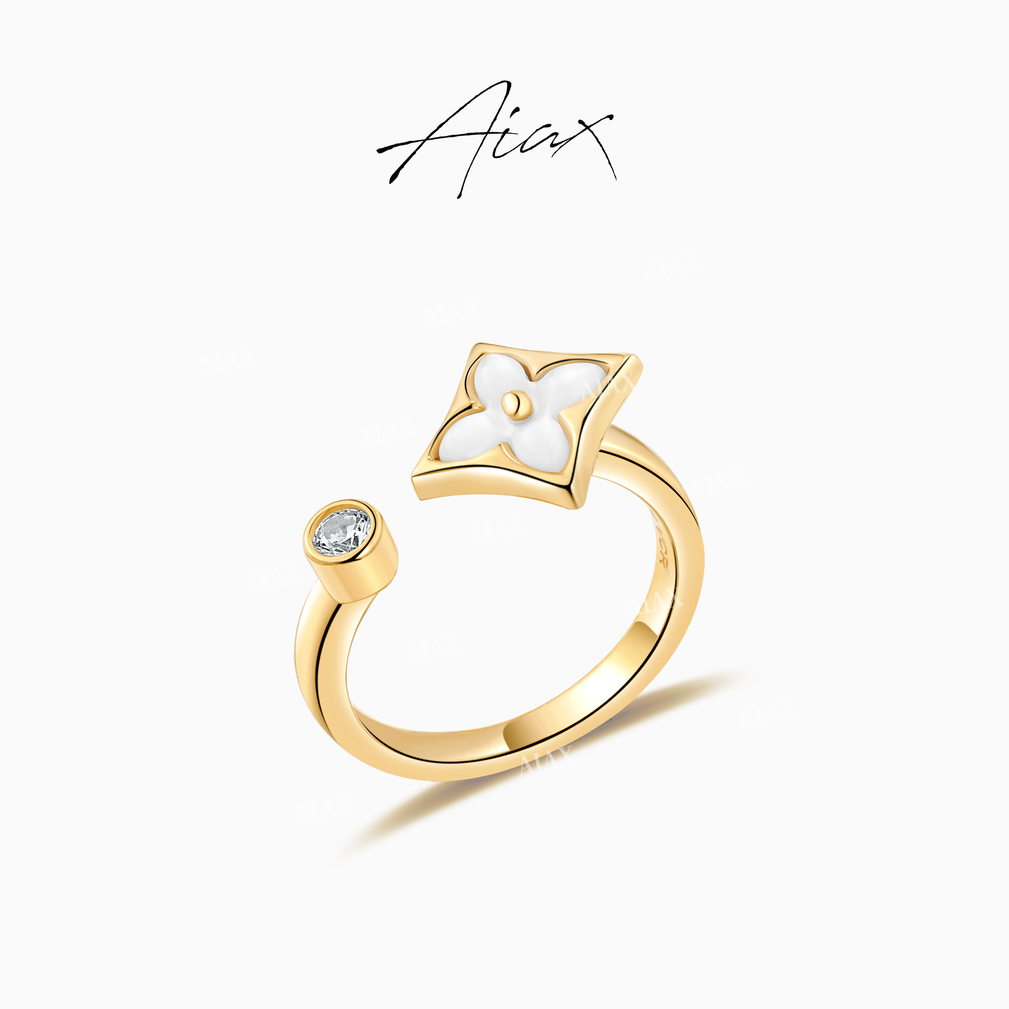 AIAX 925银 镀K金  经典轻奢气质幸运四叶活口戒指TSS7195