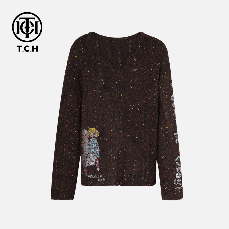 TCH私服烫钻工艺秋冬时尚纯欲慵懒风针织衫女T75C09E5122轻奢tch