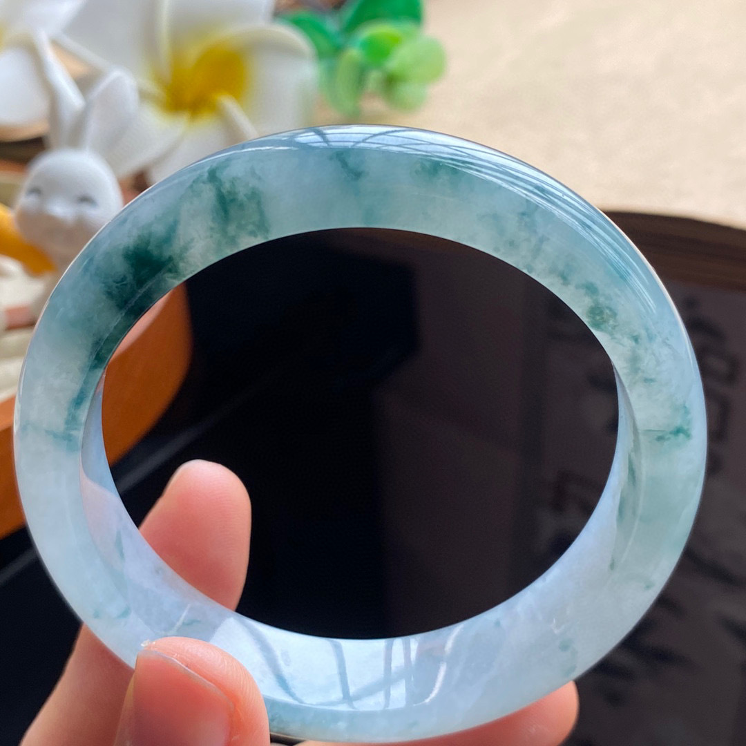 2.23批986号翡翠手镯53.8-12.7-7.4冰飘花正圈！蓝花超美~