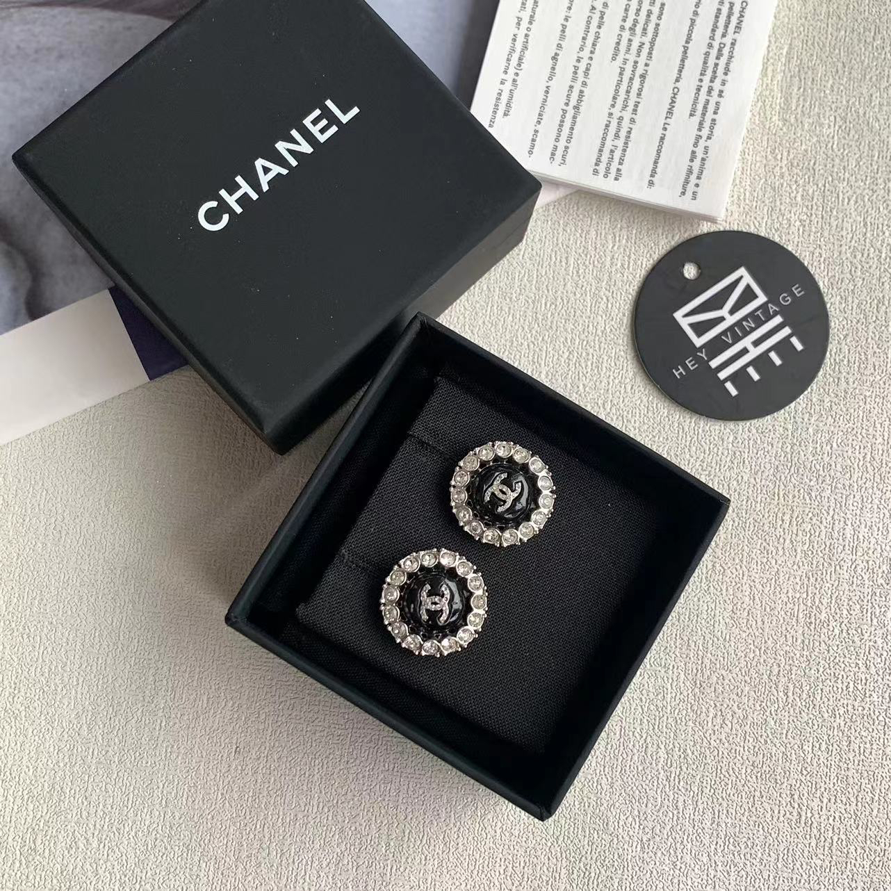 95新 Chanel/香奈儿 19C黑色水钻玛瑙双C圆饼耳钉 14778768