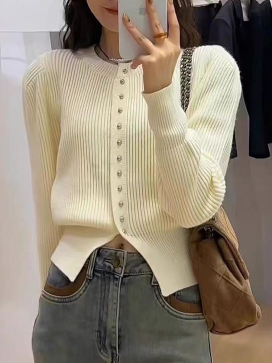 8377#修身收腰设计感单排扣针织衫女秋冬款温柔风毛衣外套（约54）