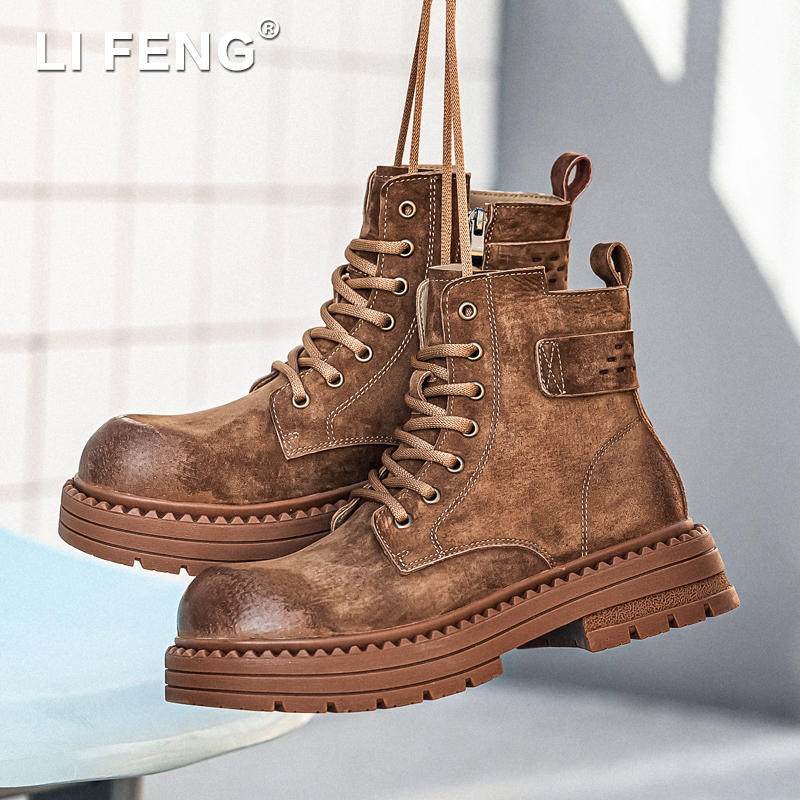 冬季保暖情侣马丁靴真皮复古休闲工装靴男女增高靴子百搭高帮棉鞋