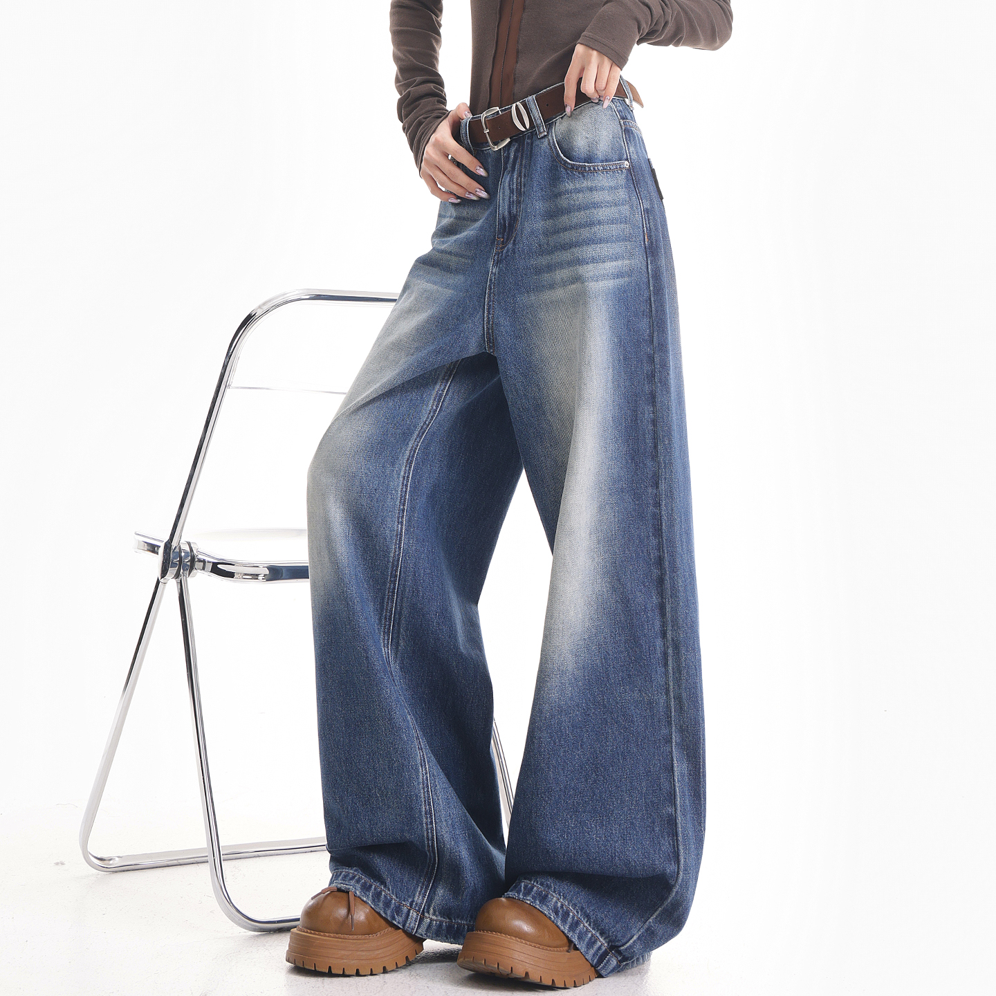 KENABSTUDIO秋冬新款蓝色猫须阔腿牛仔裤女美式复古拖地裤长裤子