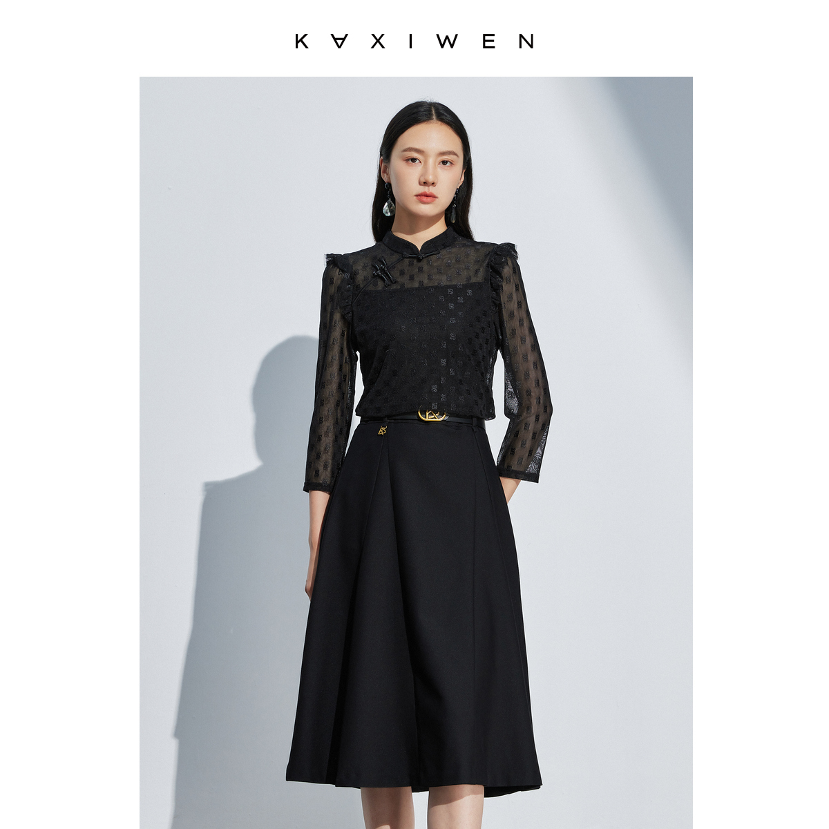 【达人专属】国风泡泡袖旗袍立领打底衫气质上衣女X07BXS3116