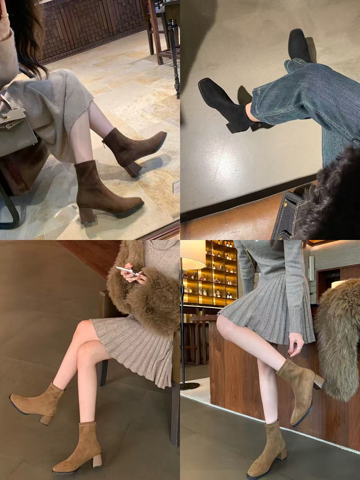 W53E269韩系经典气质方头后拉链踝靴粗跟瘦瘦短靴女秋冬