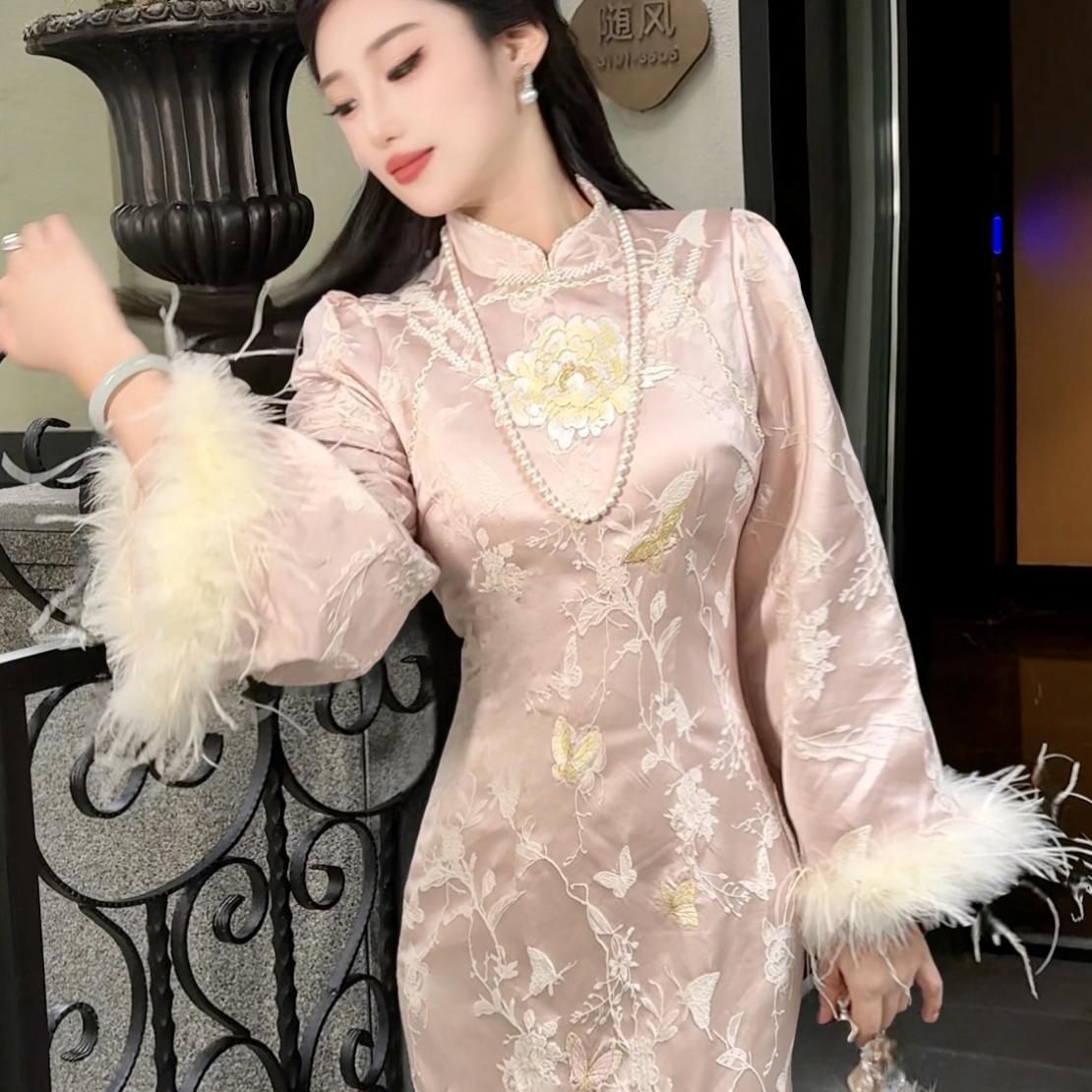 【媛珠 千金无双】重工鸵鸟毛袖口刺绣国风倒大袖贵气旗袍套装