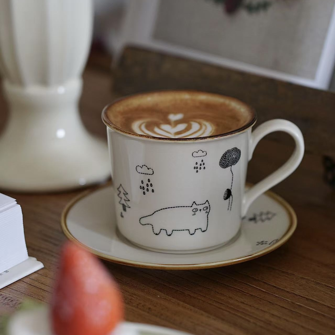 250ml复古陶瓷咖啡杯碟卡通设计耐高温下午茶拿铁拉花杯