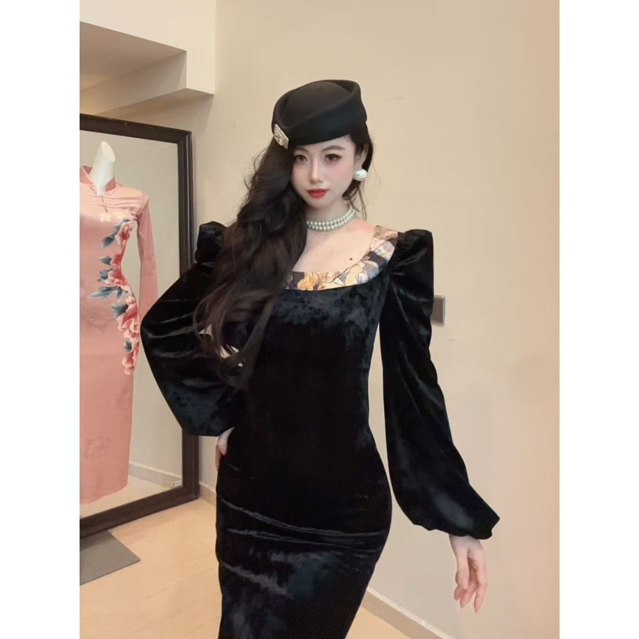 原创自制【多瑙河】拼接方领优雅气质性感复古包臀公主袖连衣裙