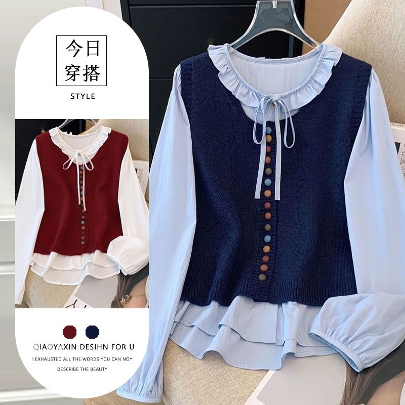 复古假两件彩虹纽扣针织马甲拼接衬衫女秋季大码胖mm甜美遮肚上衣