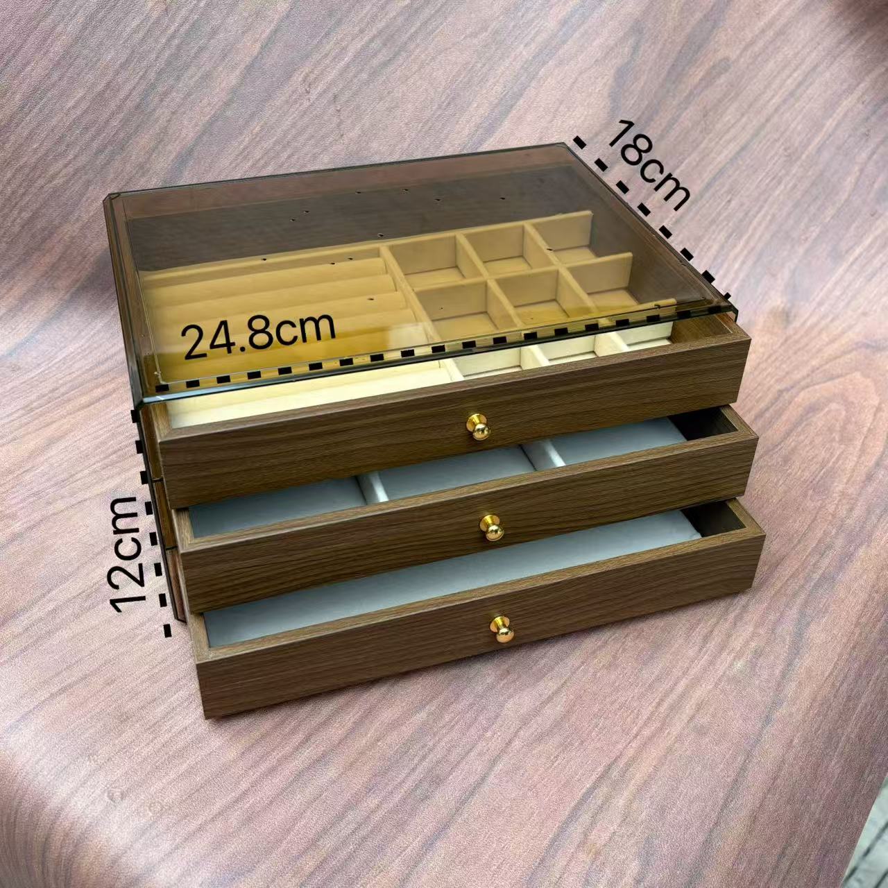 大容量三层首饰收纳盒胡桃木纹耳饰手链手镯精致收纳