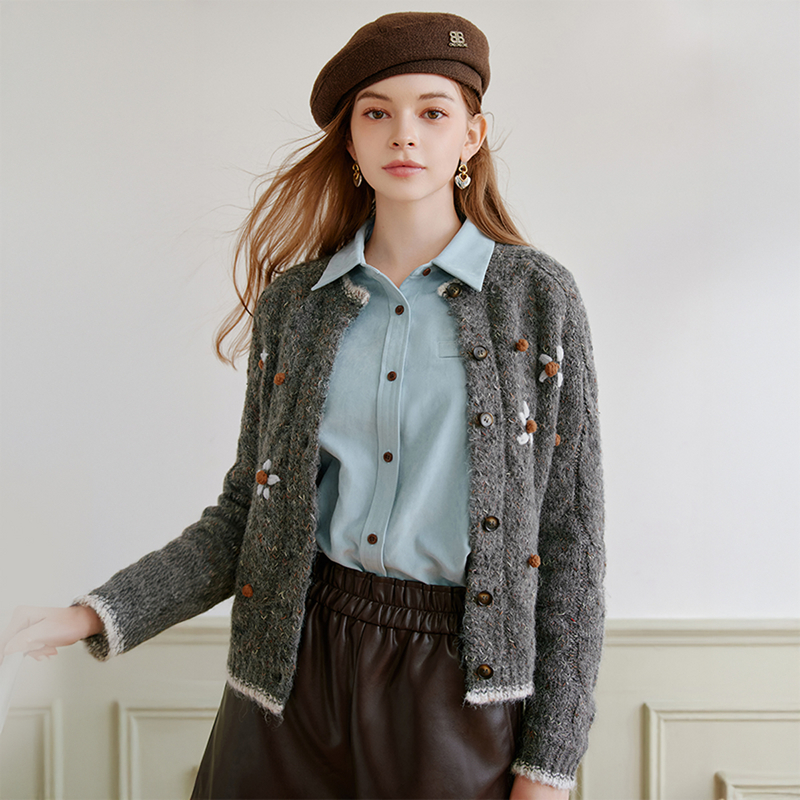 【CC王专属】M75W010毛针织衫香影花朵提花针织开衫女冬季新款立