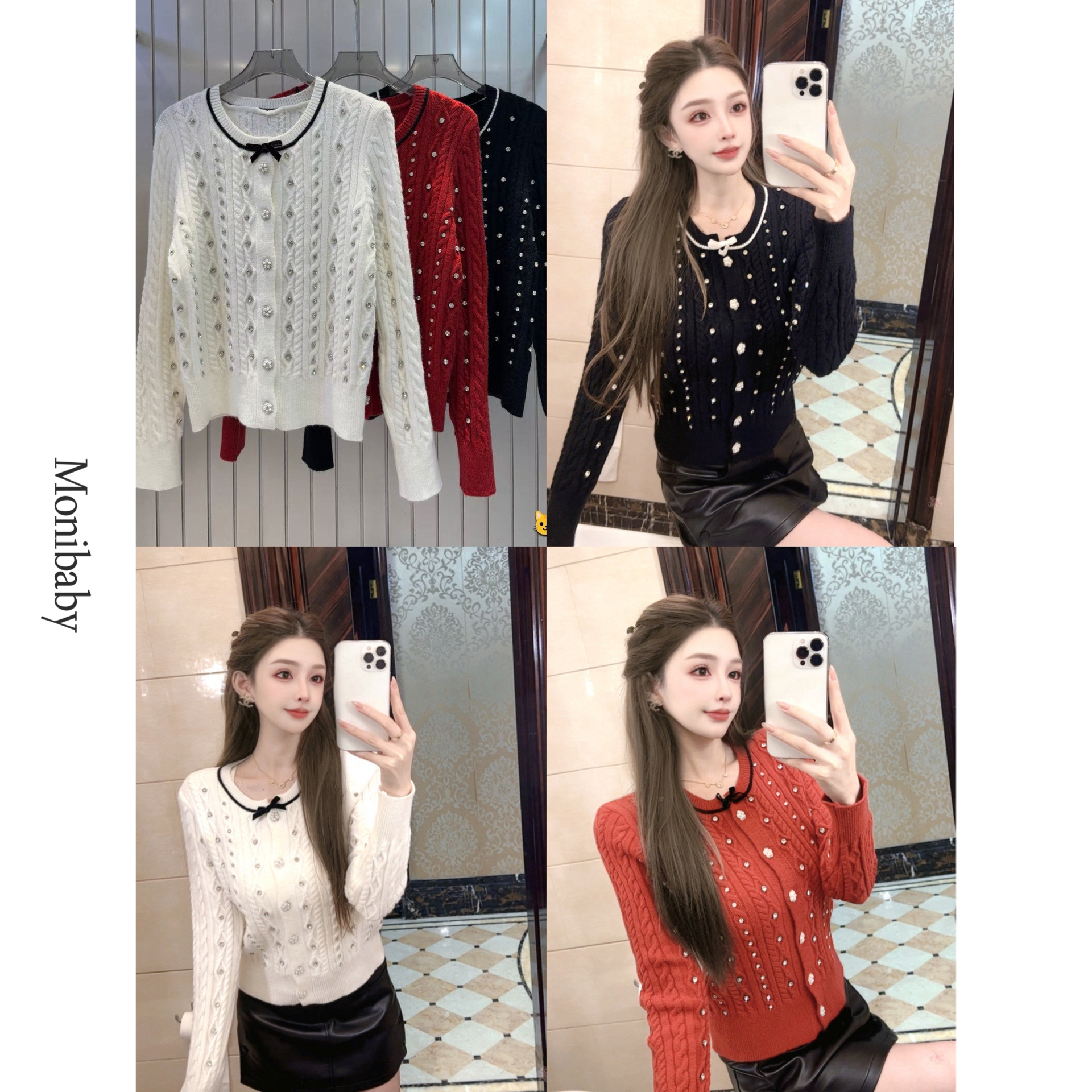 Moni【镶钻毛衣】小香风轻奢高端重工镶钻蝴蝶结千金感长袖毛衣 